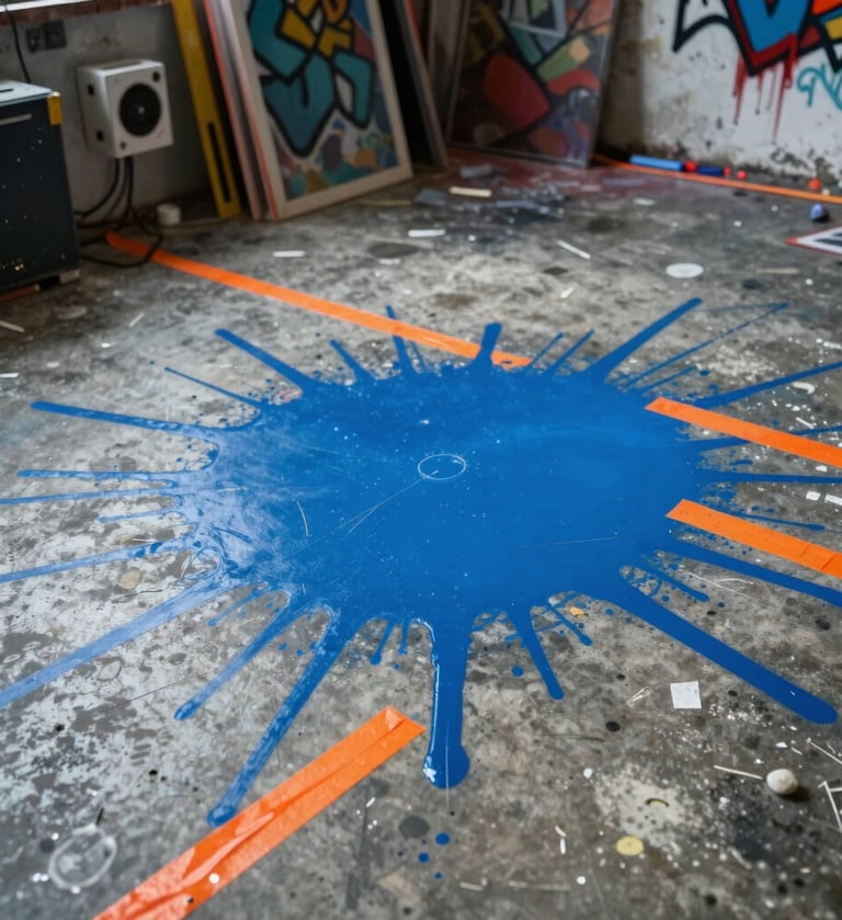 A high-angle photograph of a messy urban art studio in the International / Urban Art Scene, featuring a concrete floor with vibrant electric blue paint splashes and safety orange tape marks.