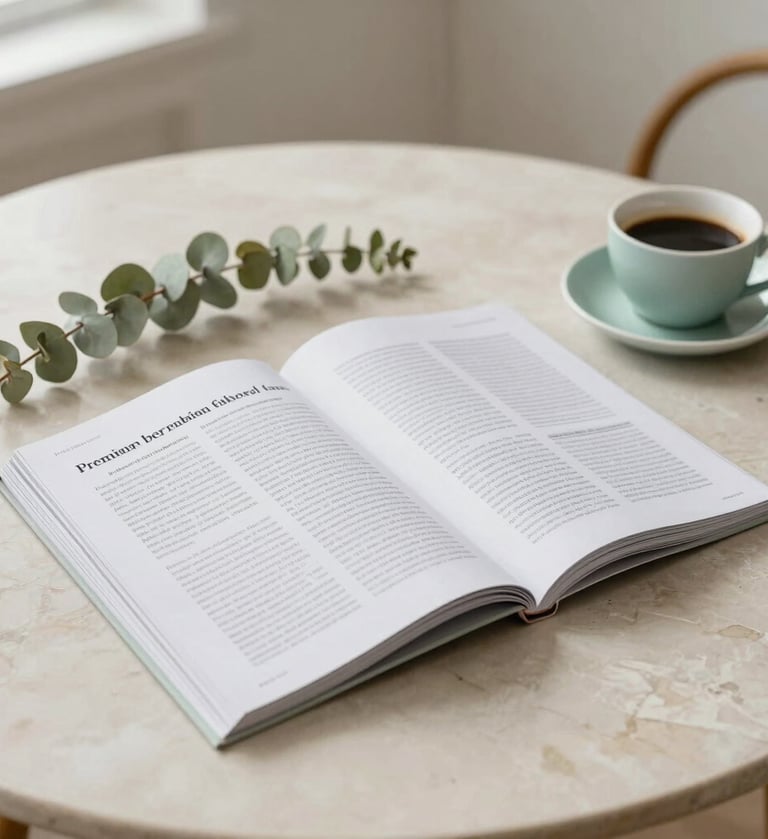 Photography of a premium fashion editorial magazine open on a beige marble tabletop, accompanied by a sprig of dried eucalyptus and a cup of coffee. The setting is a minimalist, bright North American / Western European apartment with soft natural morning light. The colors include soft off-white, sage green accents, and charcoal grey text on the magazine pages.