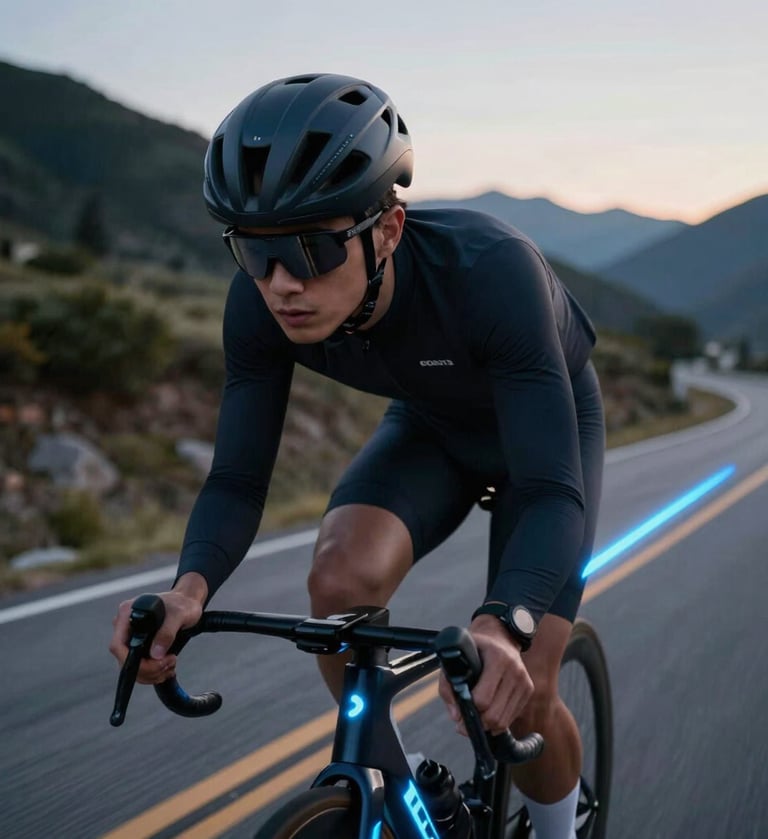 Dynamic medium shot of a cyclist in a matte charcoal aerodynamic helmet, neon blue light trails cutting through the frame, North American / US mountain road at dusk, sleek high-tech sports photography.