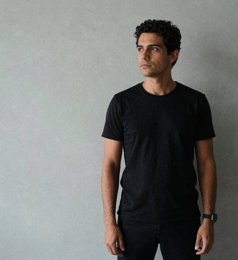 A portrait of a creative professional in a South American / Brazilian setting, dressed in minimalist black attire, standing against a light gray textured wall with soft side lighting.