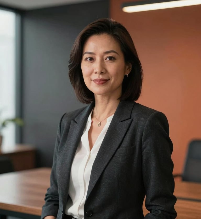 A professional portrait of a confident PR expert in a stylish North American office, wearing professional attire, with a background of charcoal walls and warm reddish orange light.