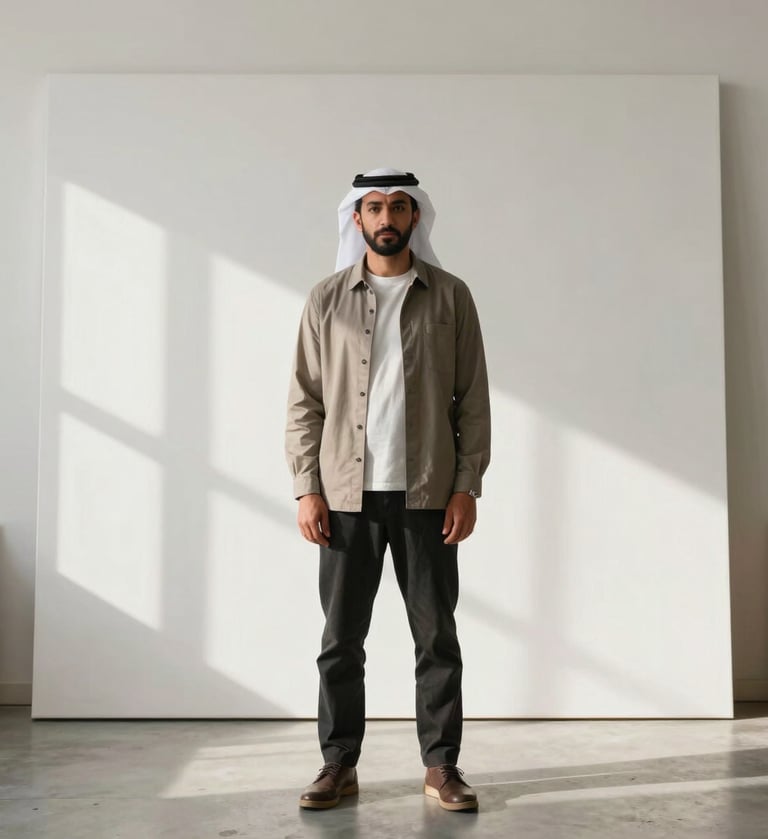 A high-end portrait of a male artist in a minimalist, sunlit studio in the Middle East. He is standing before a massive white canvas, dressed in contemporary attire. The lighting is soft and natural, emphasizing a professional gallery vibe.