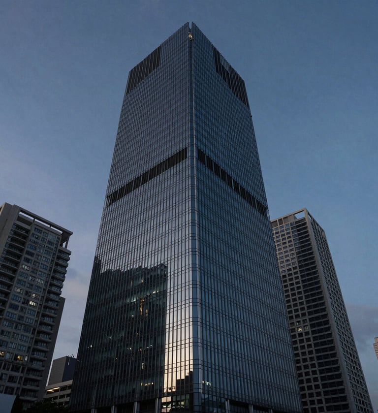 A wide-angle professional photograph of a modern glass skyscraper in a Southeast Asian / Indonesian business district during twilight, reflecting dark navy and slate blue sky tones.