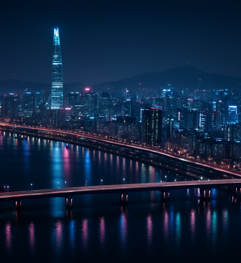 Cinematic wide-angle drone photography of Seoul at night, featuring the Han River and glowing skyscrapers, electric cyan and magenta neon lights reflecting on the water, East Asian / Korean urban.