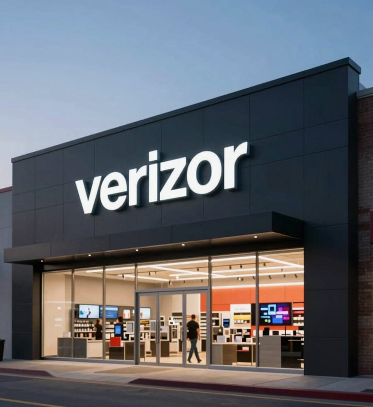 A large-scale, edge-to-edge photograph of a Verizon flagship storefront at twilight. The branding is bold and illuminated in white (#F0EDE8) against the deep charcoal (#111111) exterior. Professional photography.