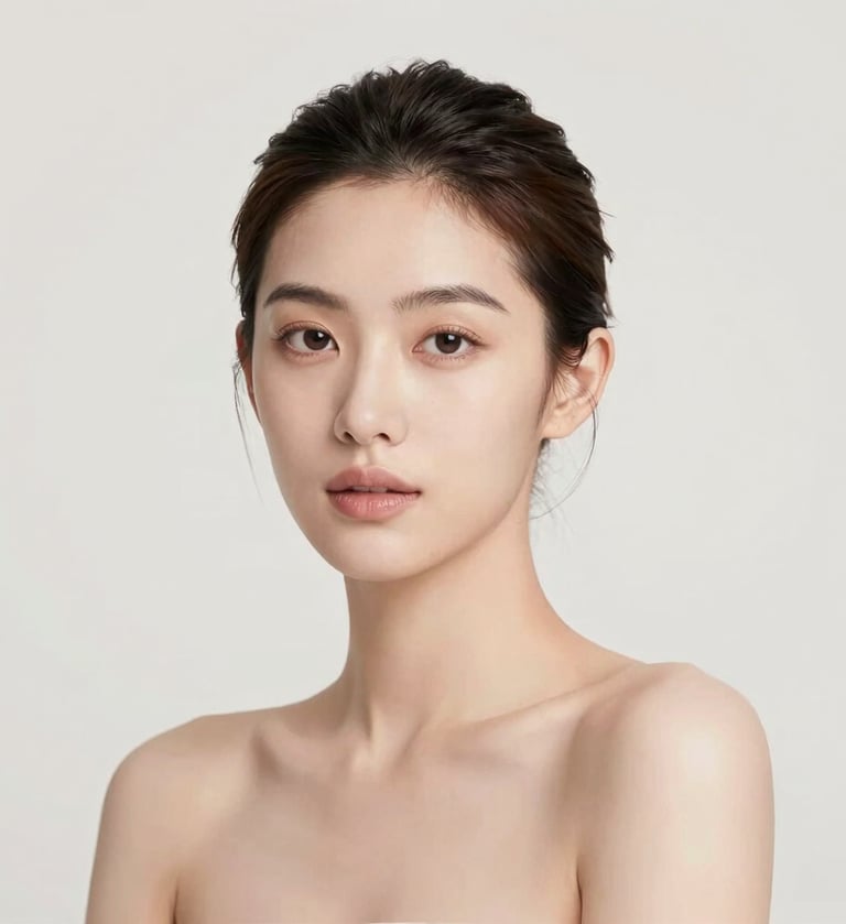 A high-end beauty portrait of a woman with clean skin and soft lighting, set against a neutral off-white #FDFBF7 background. The composition is minimalist and elegant, focusing on professional confidence and sophisticated aesthetic.