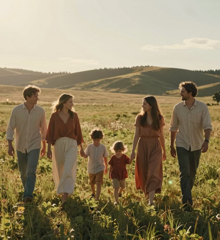 A cinematic shot of a family of five walking through a sun-drenched meadow in a North American / US rural landscape. The lighting is golden and warm with natural lens flares. Their clothing features soft sand and terracotta textiles. Candid, wide composition.