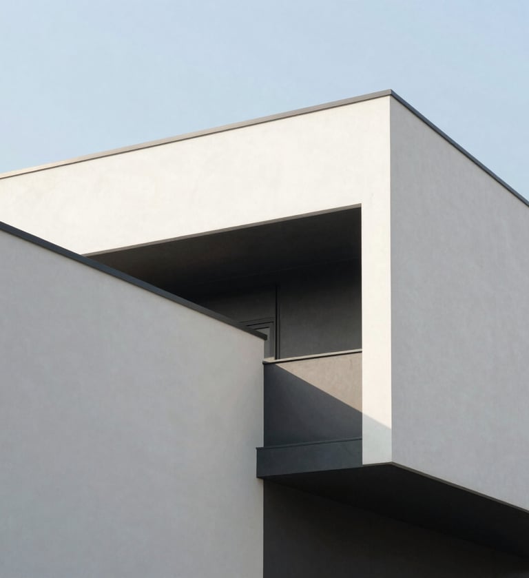 A full-screen style hero photograph of a minimalist architectural structure under a bright, clear sky. The building features stark off-white walls and deep charcoal shadows. High contrast, clean editorial feel, North American / Western European architecture.