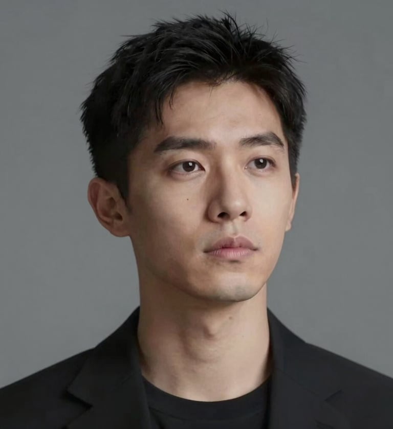 A moody, artistic portrait of the actor looking away from the camera. The background is a soft blur of #333333 gray. Minimalist and professional composition.