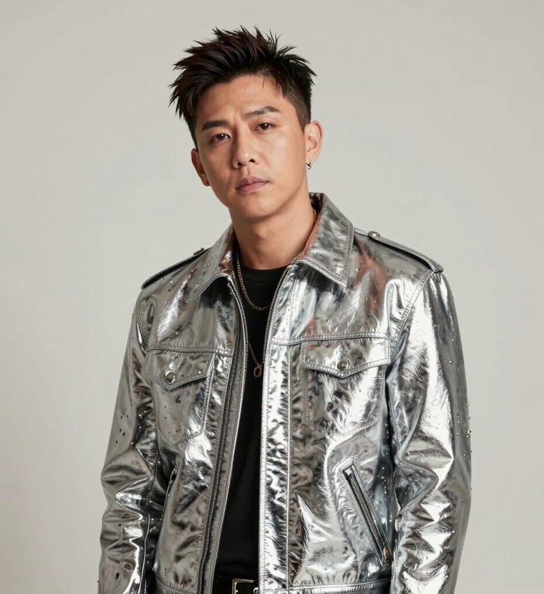 A medium portrait of a music artist wearing a chrome-finished designer jacket, looking confidently toward the camera. The background is a clean off-white studio wall. High-fashion North American styling.