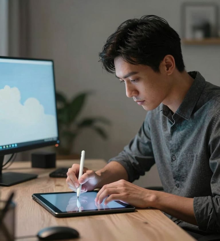A professional instructional designer in a modern North American / US home office, using a stylus to draw on a tablet, with a cool sky blue desktop background and cinematic lighting.