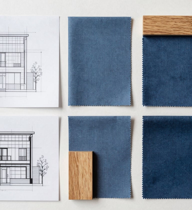 A sophisticated top-down view of an architectural mood board. Includes technical sketches, fabric swatches in muted blue, and a small piece of light oak wood. Clean, organized, and creative professional workspace.