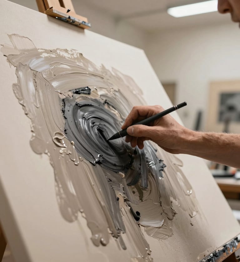 A refined photography shot of an artist's hands working with charcoal and taupe oil paints on a large canvas, soft natural light entering a modern North American studio with cream walls.