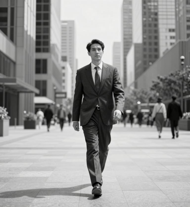 A high-contrast black and white journalistic portrait of a person walking through a modern urban plaza with glass skyscrapers in the background. The lighting is sharp, creating long shadows, reflecting intellectual rigor. Tones of #263238 and #B0BEC5 dominate the scene.