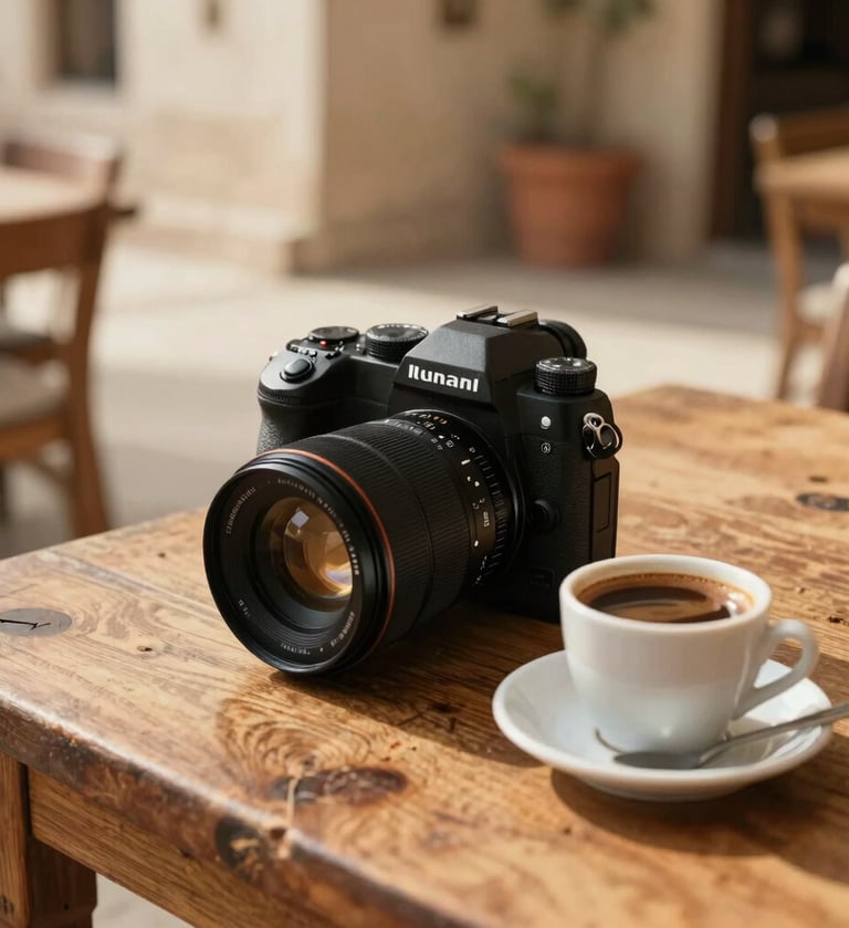 Cinematic photography of a professional camera resting on a rustic wooden table next to a cup of Arabic coffee in a sun-drenched Middle Eastern / Gulf cafe, warm soft off-white and burnt terracotta tones, natural golden hour lighting.