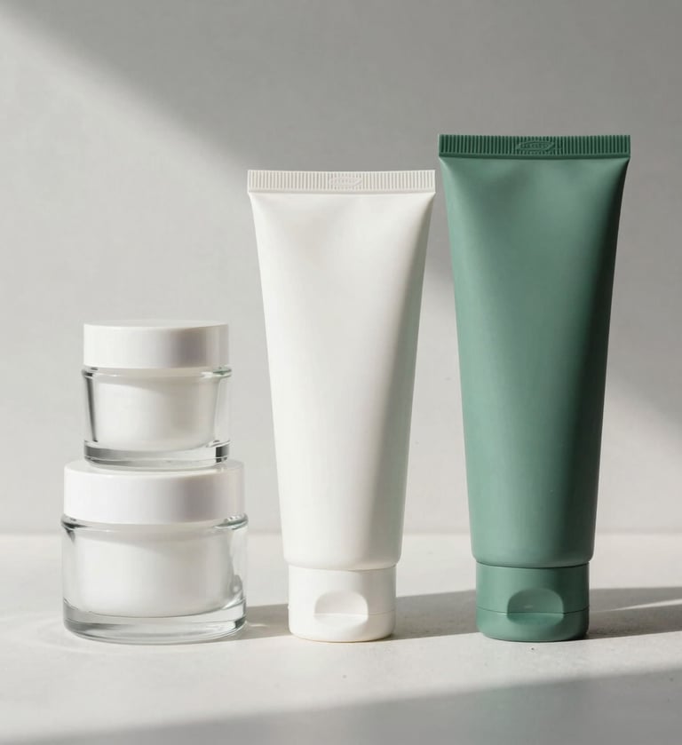 A professional photograph of a minimalist skincare collection featuring glass jars and paper tubes. The scene is set in a North American / US boutique studio with soft morning light. The color palette includes mist white and deep sea green. Composition is an overhead flat lay.