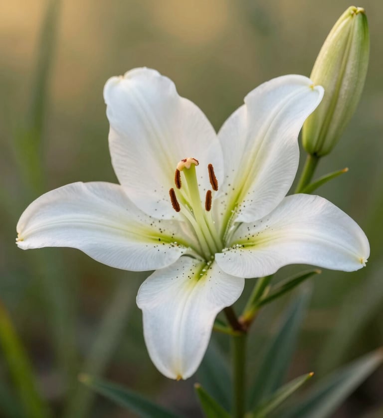 A professional macro photograph of a delicate wild lily in the North American wilderness. The petals are a soft white and pale green, captured during the golden hour with soft, diffused sunlight. The composition is clean and minimalist, highlighting the intricate textures and serene beauty of the flower against a blurred natural backdrop.