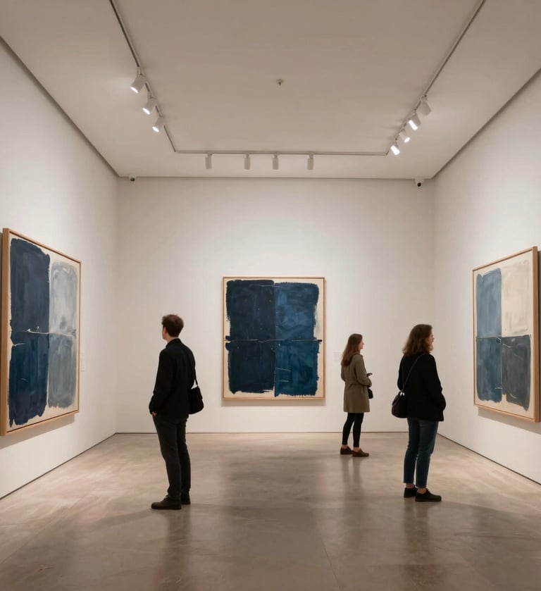 Wide-angle interior photograph of a minimalist art gallery in a European / French city. Soft off-white walls with high-end track lighting. A few people in smart-casual attire are observing abstract paintings that use dark navy blue and light blue-grey tones. The atmosphere is quiet, refined, and creative.