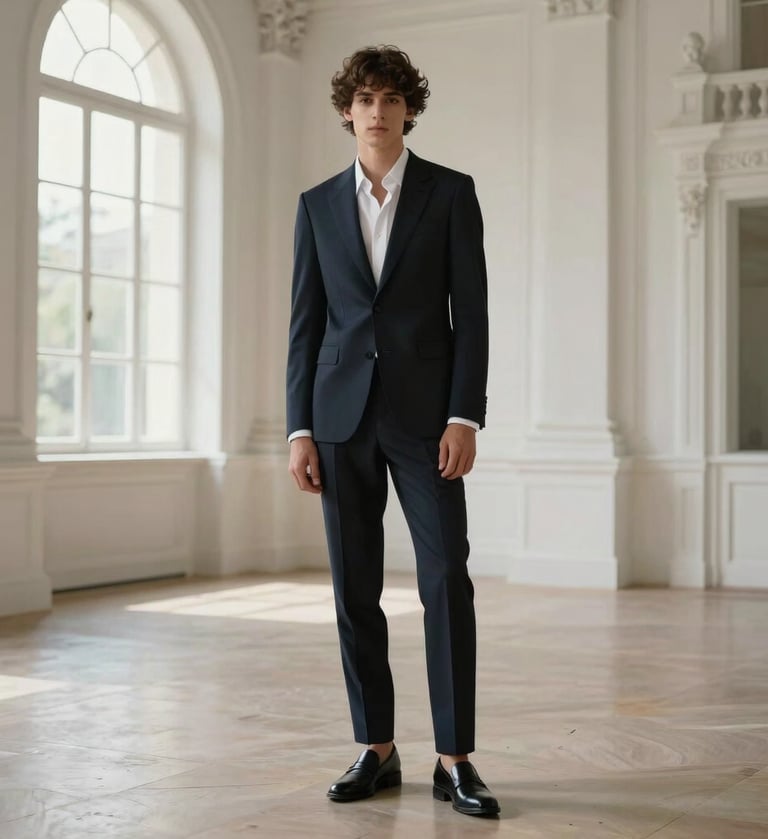 A sophisticated full-length fashion portrait in a grand hall with classical white architecture, soft natural light through large windows, elegant and high-end aesthetic, Global / Hispano setting.