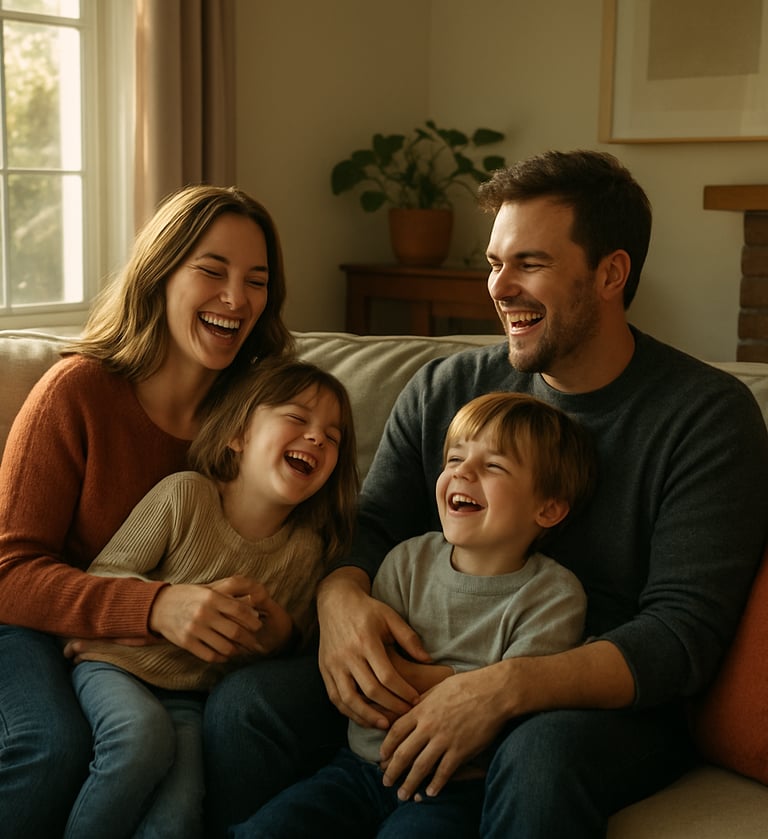 A cozy, sun-drenched North American living room where a family is laughing together on a soft couch. Authentic, candid composition with warm terracotta and charcoal accents. Cinematic lifestyle photography.