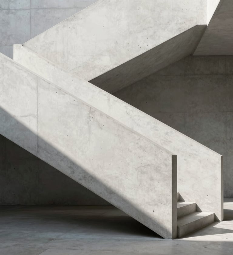 Minimalist architectural photography of a raw concrete staircase, North American / European setting, morning sunlight casting sharp geometric shadows, clean architectural lines, sophisticated grayscale palette of whites and soft grays.