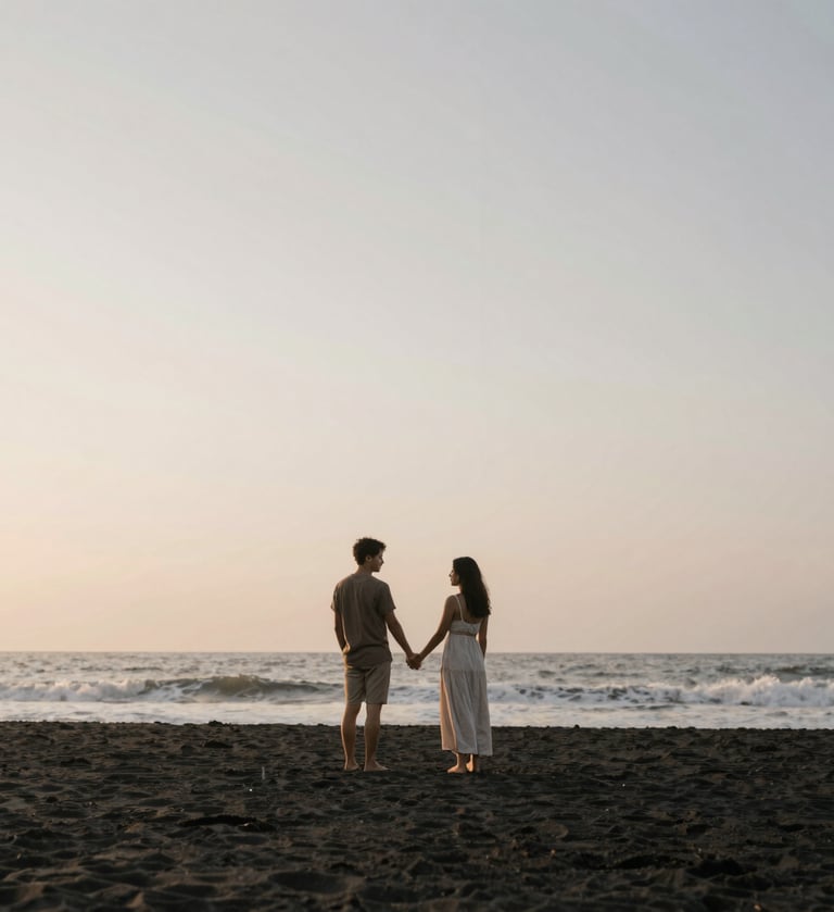 A couple holding hands on a black sand beach in Bali at sunset, minimalist composition, soft cinematic lighting, evoking a serene and heartfelt elegance, using the brand palette of #2A362B, #5F705B, #C7B7A3, and #F7F3EE subtly in the environment and clothing.