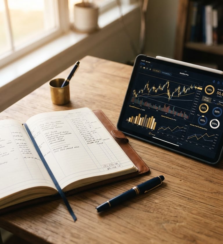 Professional close-up of a neat ledger book and a digital tablet showing financial charts on a wooden desk, warm gold light, 35mm