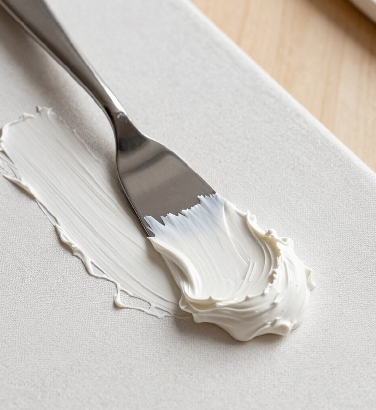A top-down, clean macro photograph of a stainless steel palette knife spreading thick, white molding paste across a canvas, creating deep ridges and valleys. The lighting is soft and natural, coming from the side to highlight the heavy texture. The background shows hints of a soft beige wooden table in a North American studio setting.