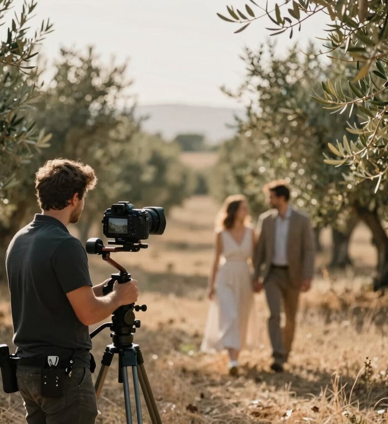 A wide artistic shot of a videographer operating a high-end camera on a gimbal, capturing a couple walking through a sun-drenched olive grove. The lighting is warm and ethereal, featuring a soft color palette of #F5F2EC and #A79E8B. The style is professional, cinematic, and evokes a serene Christian storytelling vibe.