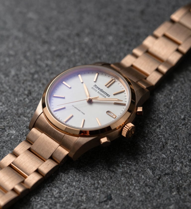 A close-up photograph of a high-end luxury watch on a dark graphite grey stone surface, with dramatic muted metallic gold rim lighting. The style is ultra-modern and cinematic, reflecting a North American / US luxury advertising aesthetic.