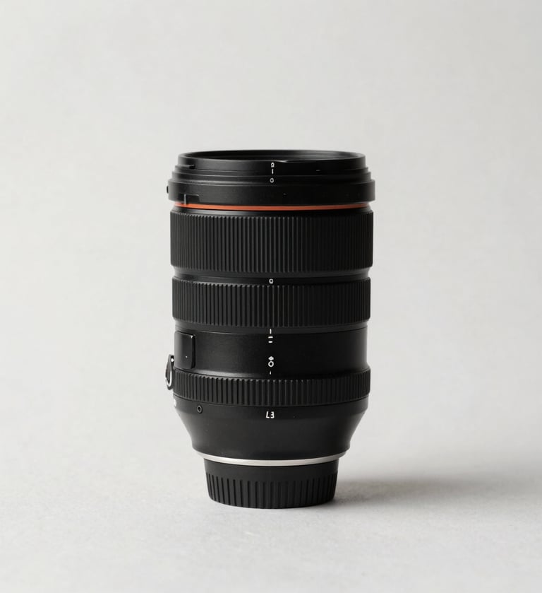 Modern minimalist photography of a professional camera lens on a clean off white background, soft natural side lighting, European / Spanish studio setting, elegant and professional aesthetic.