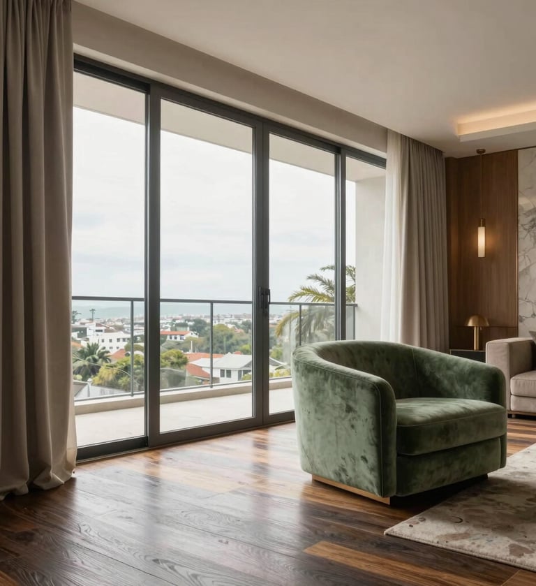 Wide architectural shot of a luxury living room in a Brazilian apartment, featuring floor-to-ceiling windows, warm taupe curtains, a sage green velvet armchair, and dark slate wood flooring.