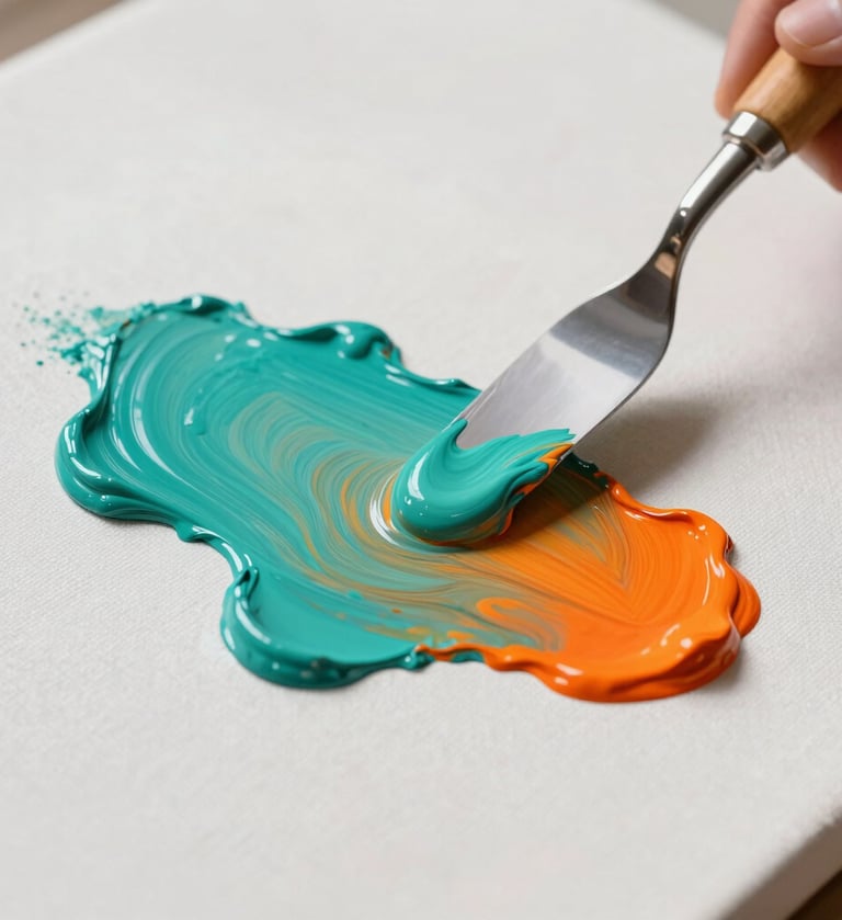 A close-up photograph of a palette knife applying thick, vibrant turquoise and sunset orange oil paint onto a textured canvas. The background is a soft pearl white with natural shadows, reflecting organic elegance.