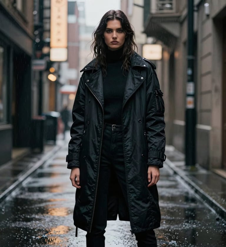 A high-fashion model wearing luxury streetwear standing in a rainy, neon-lit alleyway. Cinematic lighting with steel slate and soft off-white highlights. The mood is edgy, urban, and premium with deep obsidian shadows and a sharp, cinematic lens blur.