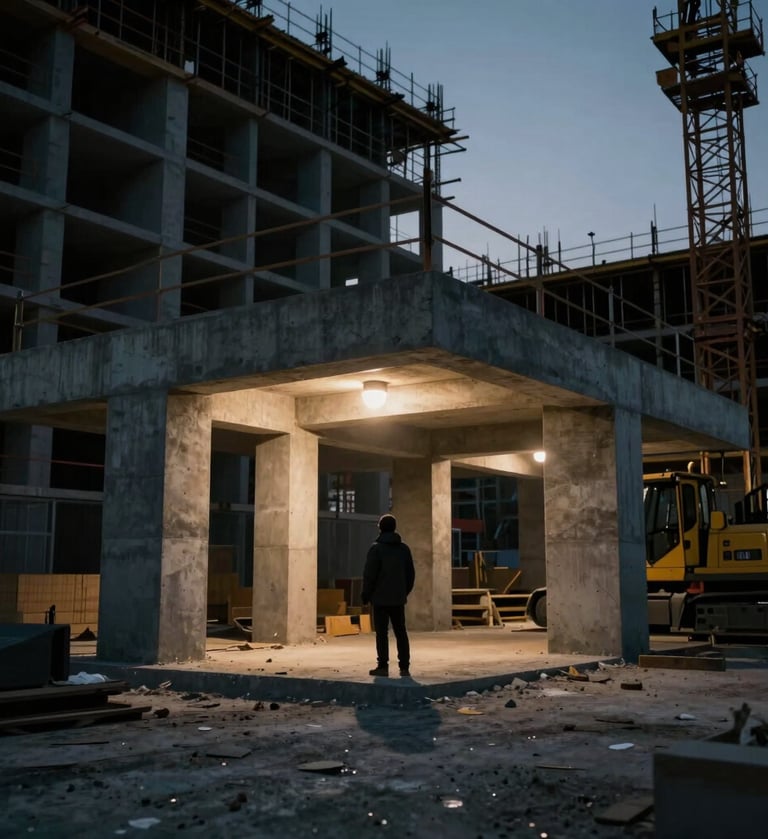 A cinematic, low-angle shot of a modern construction site at dusk. High contrast with deep shadows (#1A1A1A) and warm highlights from work lamps (#C1674E). A person in a dark jacket is looking at a concrete structure. Raw, gritty texture, wide lens.