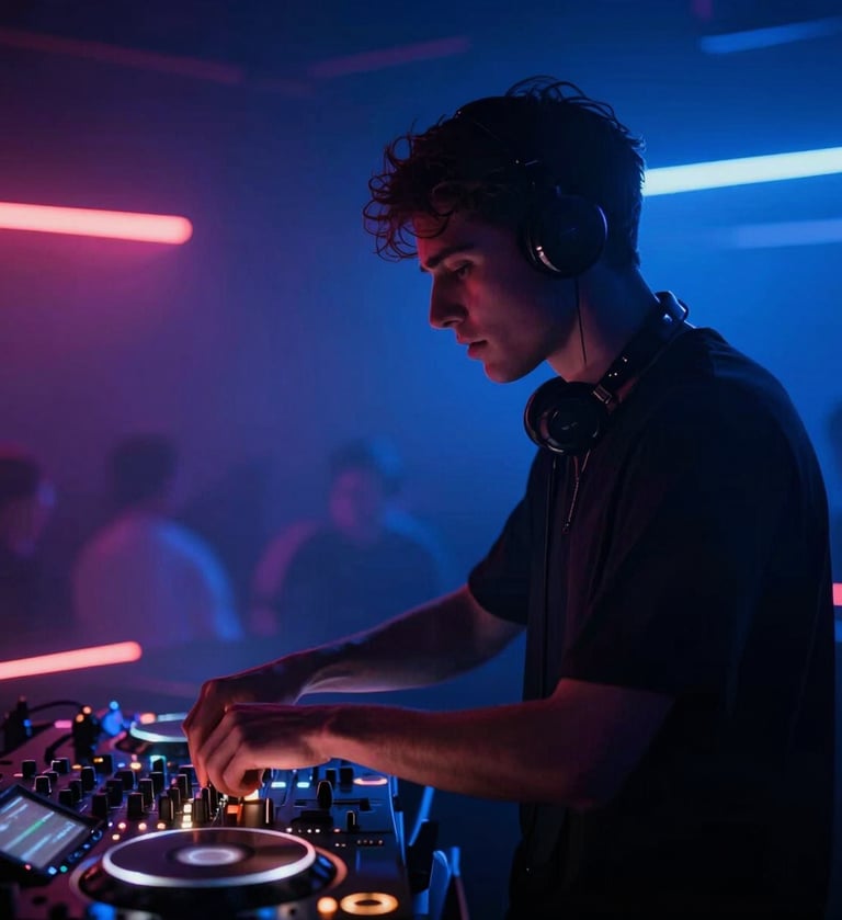 Nicky Awake DJing in a dark club, silhouette profile against vibrant #7A7CF1 neon lights and haze, energetic atmosphere, high-end production.