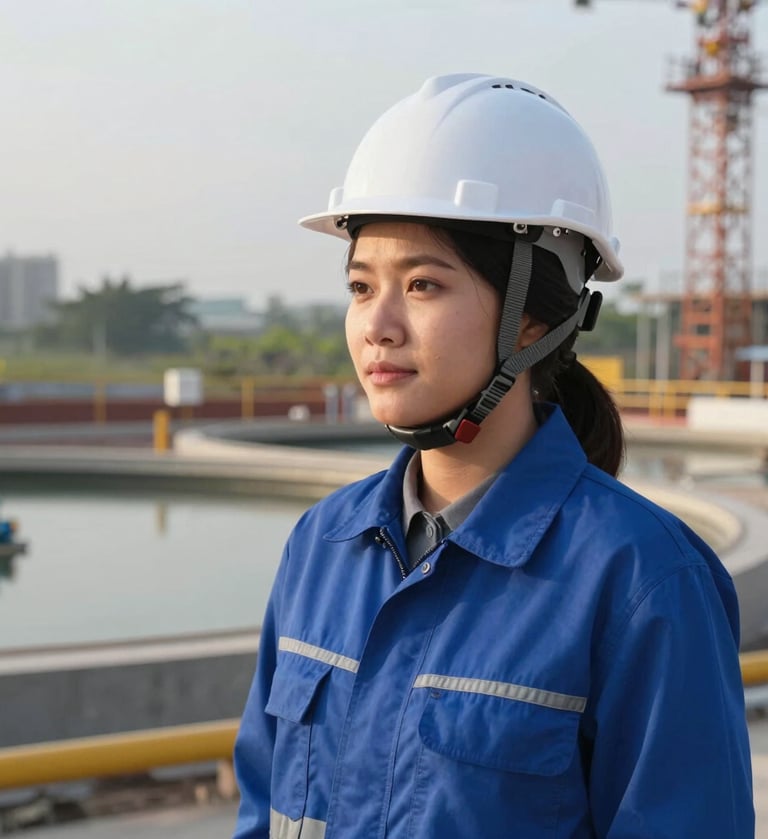 A professional portrait of a Southeast Asian / Indonesian woman in engineering attire with a white safety helmet and blue vest, standing outdoors near a construction site for a water treatment plant, soft morning light, modern professional photography.