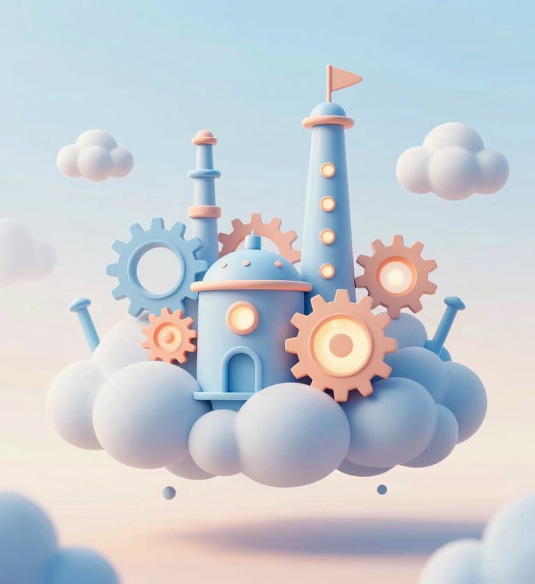 A whimsical, soft-focus digital illustration of a floating magical factory made of pastel clouds and glowing gears in #A6D1FF and #FFC6A6, with a bright and airy atmosphere on a #FFF9F7 background.