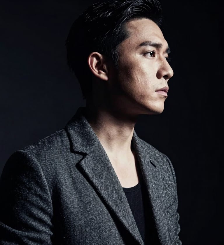 A close-up, low-key portrait of a musician in a stylish charcoal jacket, captured in a professional studio setting. Dramatic lighting creates deep black shadows and bright off-white highlights on their profile. Cinematic and moody North American / US music industry vibe.