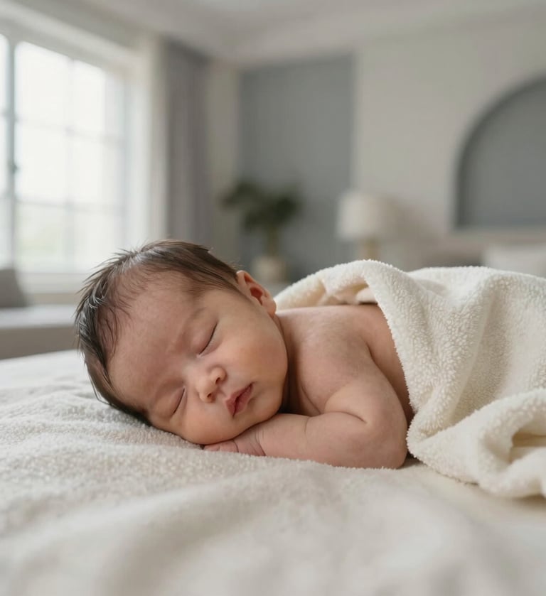 A high-end professional portrait of a newborn baby sleeping peacefully on a soft off-white wool blanket. The lighting is warm and natural, coming from a large window. The background features a blurred minimalist Middle Eastern / Turkish interior with light lead grey accents. Clean and modern composition.