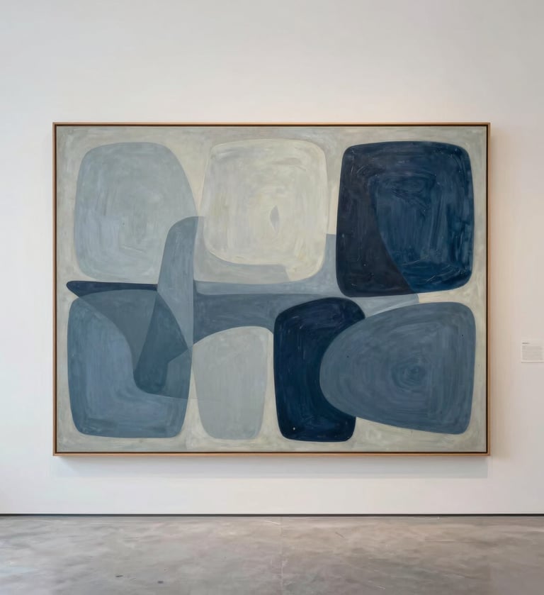 Full shot of a large minimalist oil painting with abstract organic shapes in light grayish blue and dark slate blue, hanging on an off-white gallery wall in a bright modern studio in Mexico City, Latinoamericano / Español context.