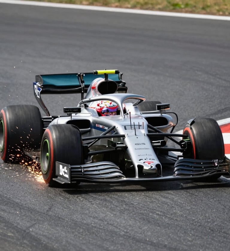 Dynamic action shot of an F1 car cornering at high speed, sparks flying from the underbody against dark gray asphalt, sharp focus on the cockpit, bright daylight.