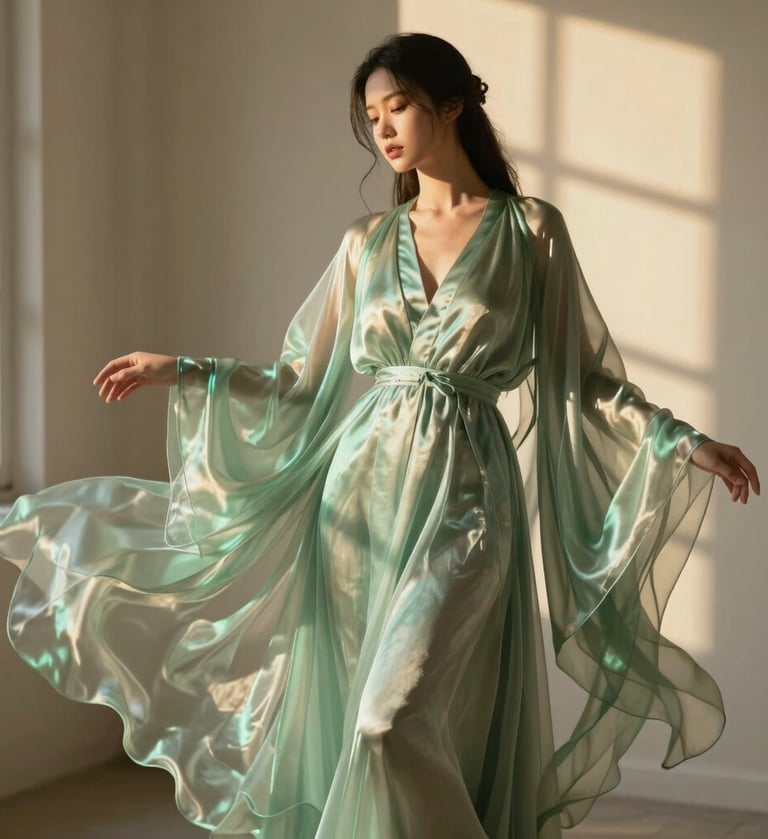 A whimsical studio portrait of a flowing, ethereal garment made of iridescent sage green silk, Western / Global, softly lit by golden morning sun filtering through a window, dreamy atmosphere.