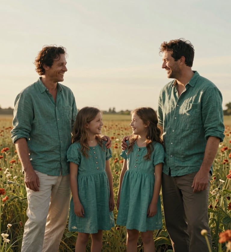 A cinematic, wide-angle shot of a family of four laughing together in a sun-drenched field at golden hour. The soft off-white light spills over them, highlighting textures of teal green linen clothing and terracotta-colored wildflowers in the background.
