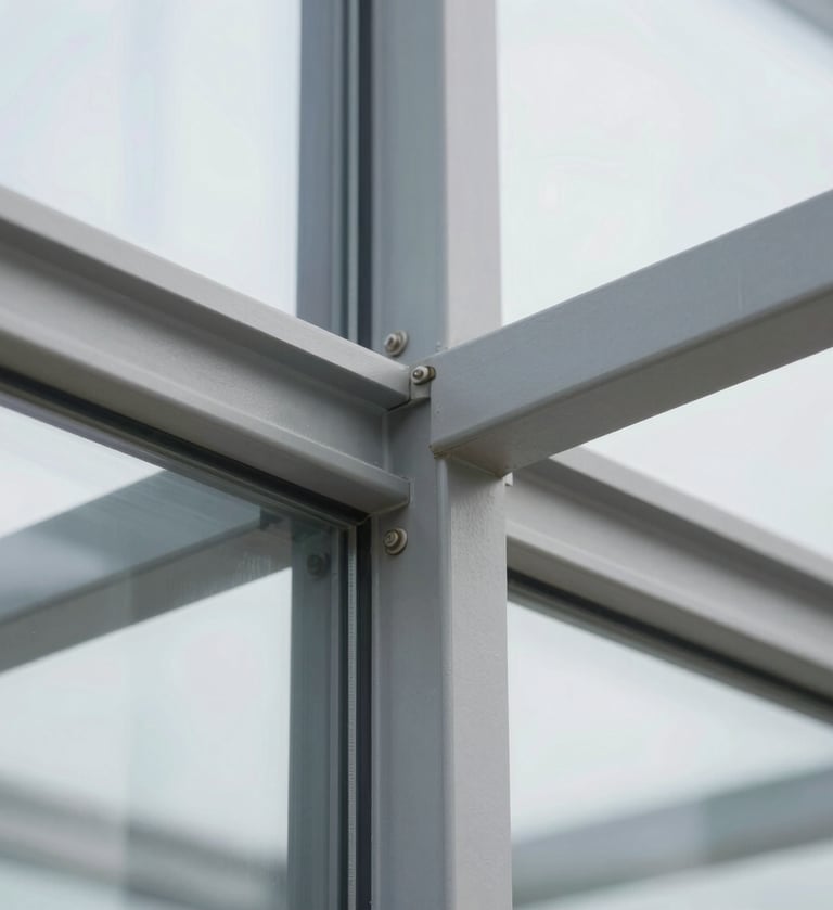 Detailed view of an architectural joint where glass meets steel, captured with high precision, highlighting the materials #2F2E2E and #FBF9F6 in a clean composition.