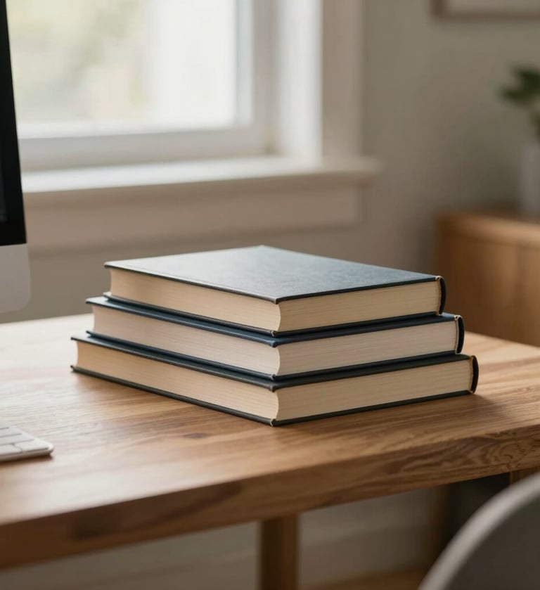 Professional lifestyle photography of a workspace in a North American home, featuring a clean wooden desk, a stack of hardcover books, and soft natural light from a window, muted beige tones.