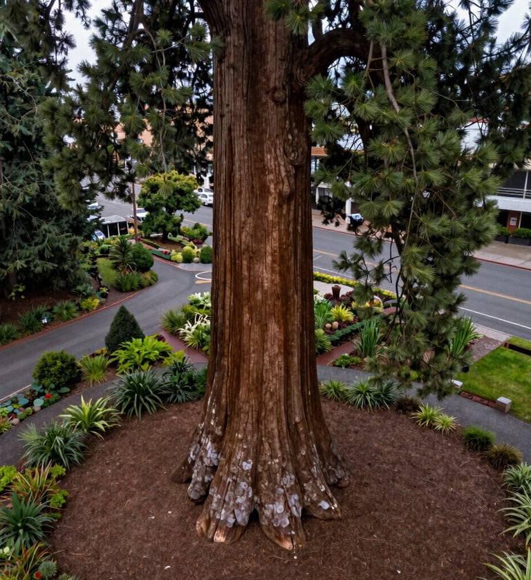 A professional drone photograph focusing on the massive trunk and base of a giant sequoia tree as it emerges from an urban garden in Eugene, Oregon. The composition uses a low aerial angle to emphasize grandeur and scale.