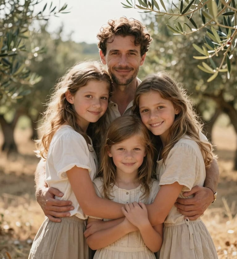 Portrait of a family embracing in a sun-lit olive grove in France, natural light, cinematic depth of field, warm and friendly atmosphere, soft beige and muted gold colors.