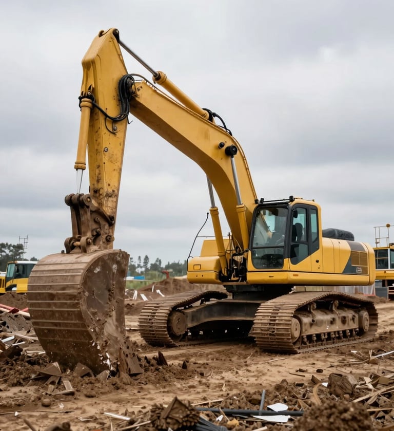 Wide shot from ground level of a large excavator actively digging on a muddy construction site, hydraulic arm extended mid-swing, natural overcast daylight, raw earth and site debris visible in foreground, industrial scale evident