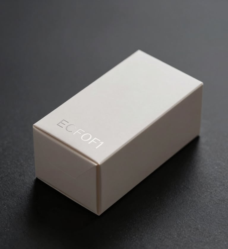 A minimalist, high-end packaging box for a skincare brand. The box is a matte #ECF0F1 off-white with subtle debossed silver lettering. It is placed on a sleek #0A1118 dark surface with soft, cinematic side lighting to emphasize the texture. Modern, sophisticated professional style.